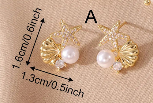 Three pairs of gold-toned statement earrings displayed on a beige fabric background, with dimension arrows and text labels A, B, and C plus weights listed in the lower right. The earrings feature large white pearl-like drops, shell charms, and starfish or shell-shaped studs.